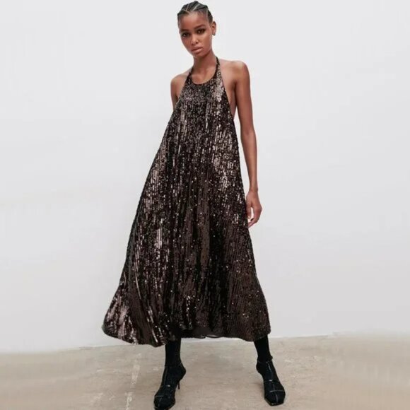 Zara Festive Sequin Halter Maxi Dress Brown NWT Size Small - Picture 2 of 12